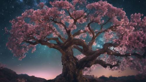 Yıldızlarla süslenmiş bir gece gökyüzünün altında, göksel çiçeklerle tamamen çiçek açan eski, mistik bir ağaç.