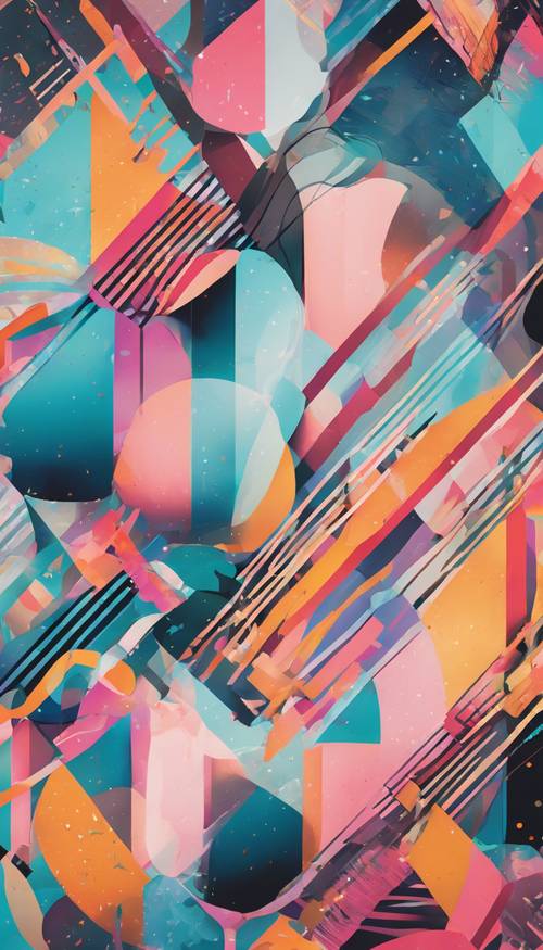 Modernes und farbenfrohes abstraktes Kunstwerk mit einer Mischung aus lebendigen und Pastellfarben sowie geometrischen Mustern.