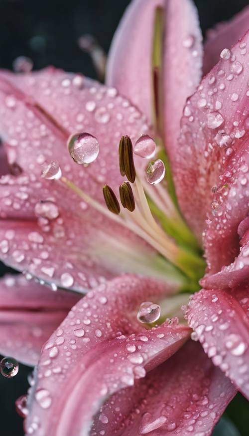 这是沾满露珠的粉色百合的特写，上面还残留着清晨雨水留下的新鲜水滴。