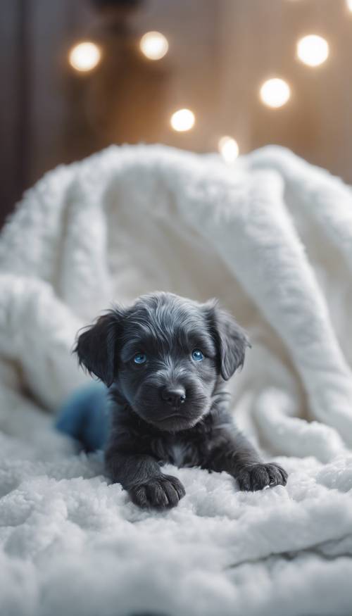 一隻新生的藍色小狗躺在柔軟蓬鬆的白色毯子上。