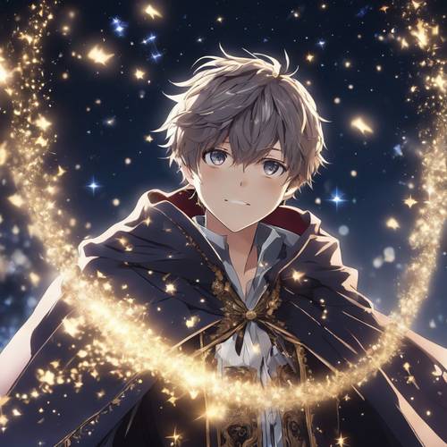 Anime boy wearing an ornate magician's cloak, releasing a stream of sparkling stars.