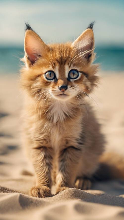 一只索马里小猫，长着狐狸般的尾巴，在阳光明媚的海滩上快乐地弹着沙子。
