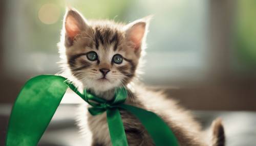 Curieux petit chaton jouant avec un morceau de ruban de soie vert émeraude.