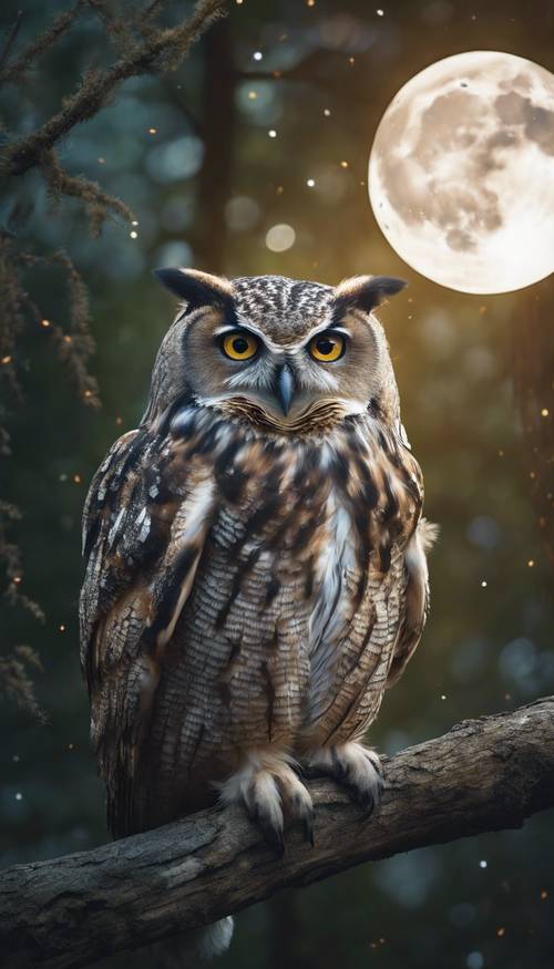 Un vieux hibou sage sur une branche avec une aura mystique, regardant une pleine lune dans une forêt tranquille.