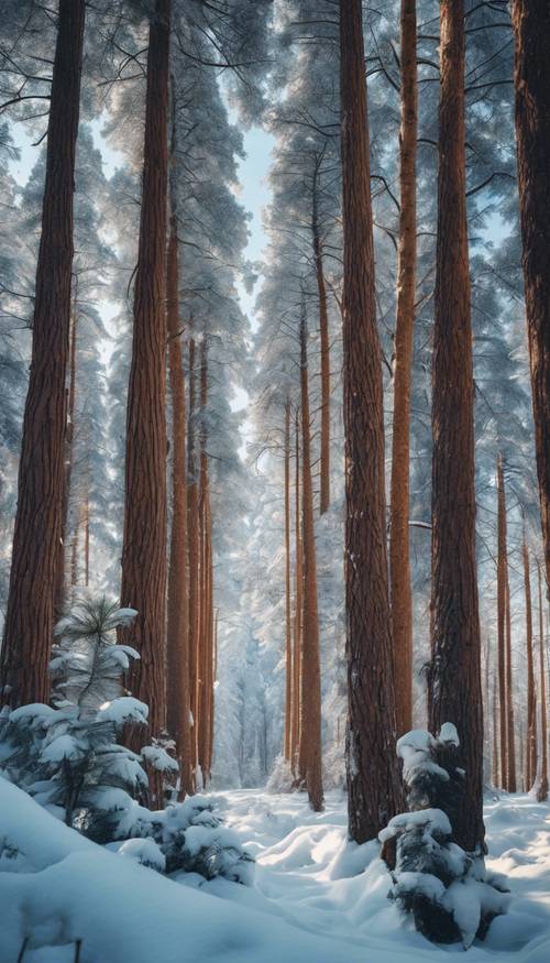 Un&#39;incantevole foresta piena di alti pini blu ricoperti da un soffice strato di neve fresca e farinosa.