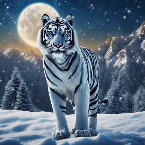Um tigre azul em pé nas montanhas nevadas sob uma lua cheia brilhante.