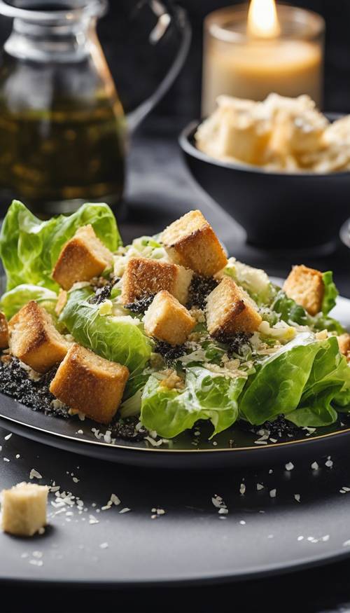 Une salade César bien présentée avec des croûtons de pain et du parmesan saupoudré sur une élégante assiette noire.