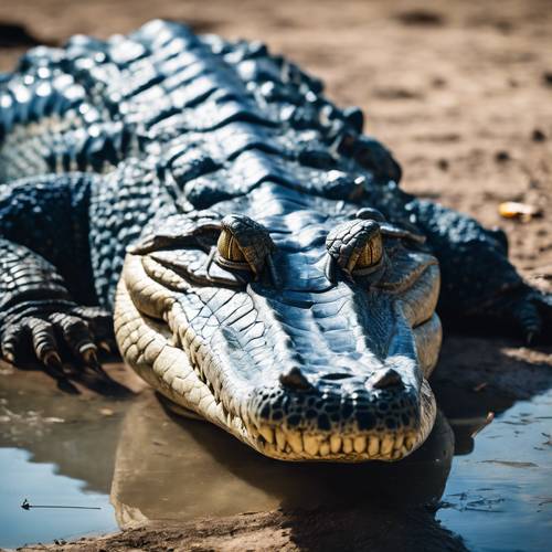 Un cocodrilo azul envejecido, con el cuerpo marcado por la batalla, descansando cerca de un pozo de agua.