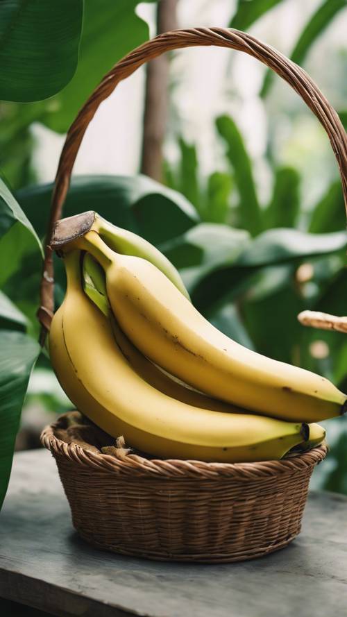 A ripe banana in a basket surrounded by fresh green leaves. Tapet [93960417bfdc44da883f]