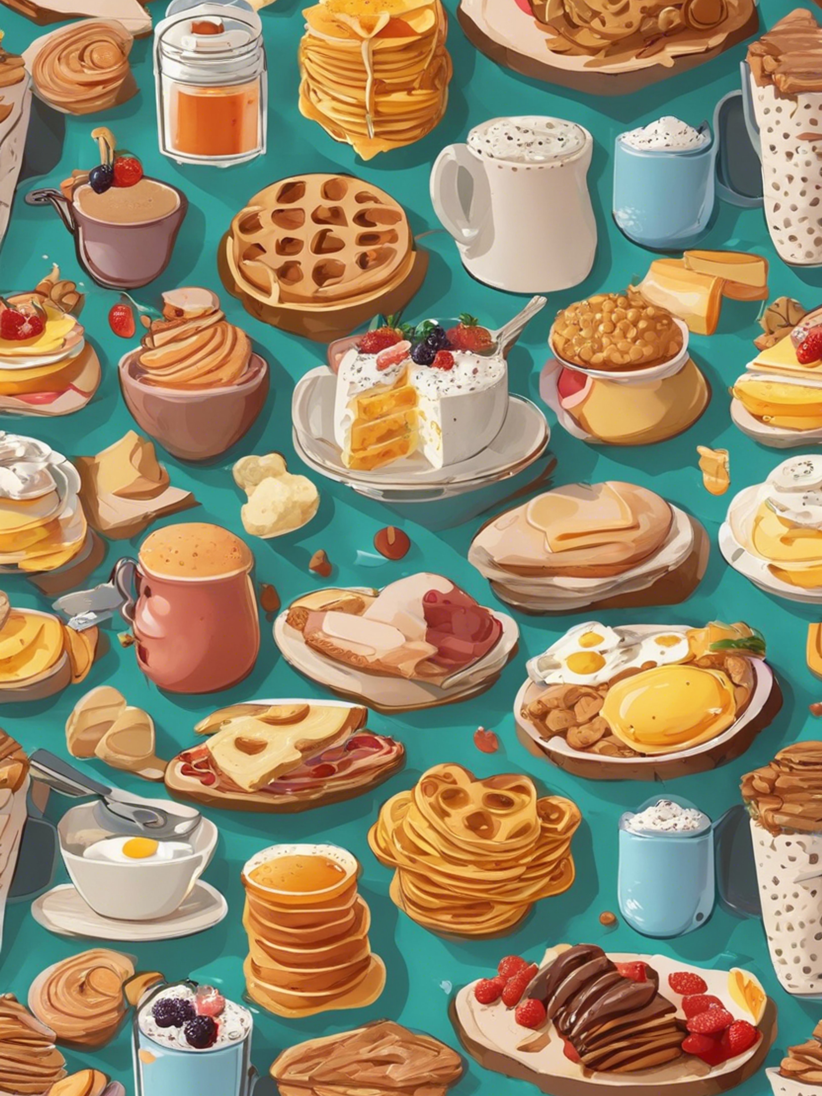 Cartoonish breakfast food items in an appealing, kid-friendly pattern. Fond d'écran[fa493d8b255444e69f8d]