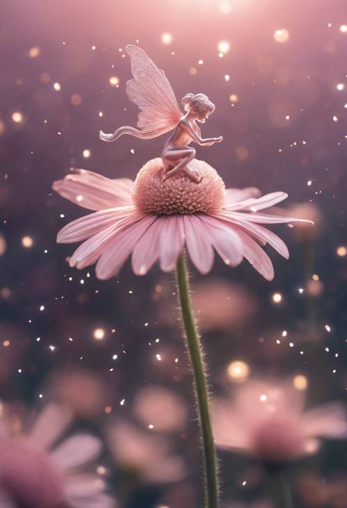 A magical fairy dancing merrily on a light pink daisy's petal under a shimmering moonlit sky.