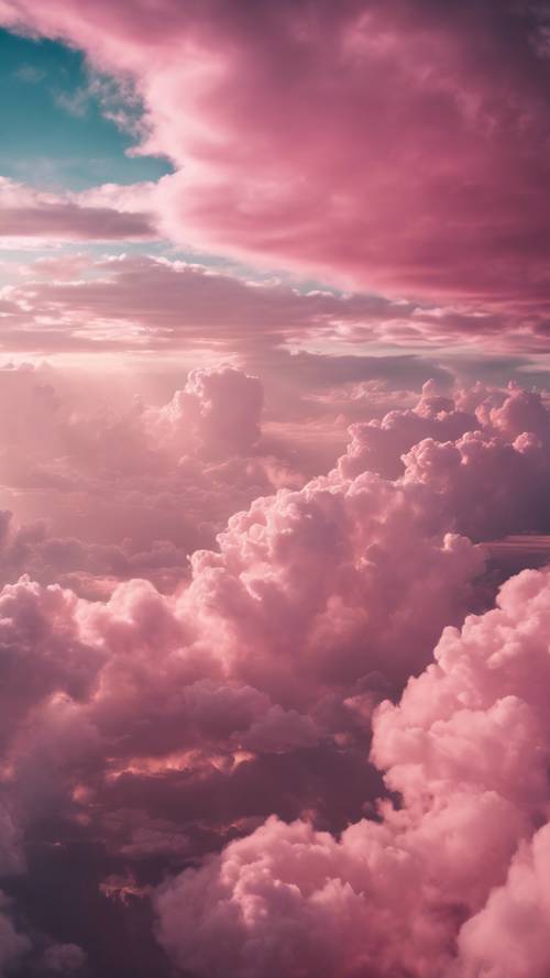Una vista dal finestrino di un aereo che proietta un mare di dense nuvole rosa.