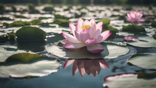 A tranquil lotus pond with a motivational quote about stillness, appearing as ripples on its mirror-like surface