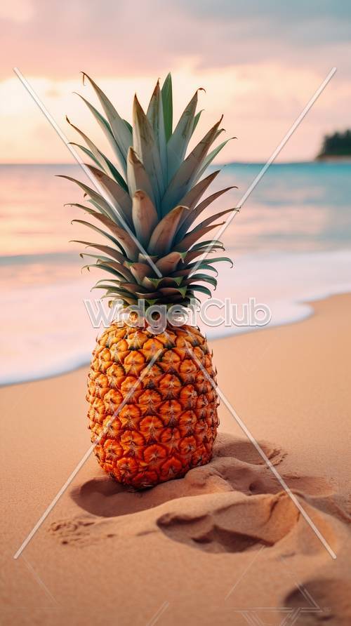 夕日の砂浜にあるトロピカルパイナップル