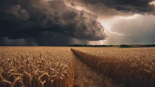 Uma cena dramática de uma tempestade se aproximando de um campo de trigo.