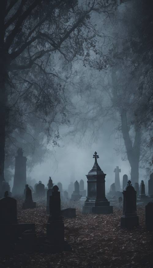 Grupa upiornych widm unoszących się nad grobami na cmentarzu w mglistą północ.