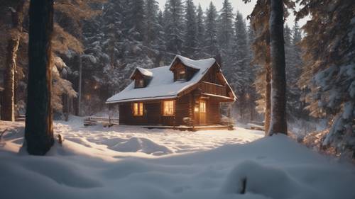 A rustic cabin in the forest with warm light spilling from the windows onto the snow