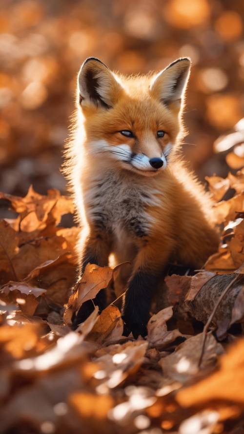 A vibrant orange fox kit with soft white underbelly is snoozing blissfully on a pile of autumn leaves in early morning sun light.