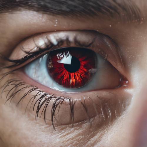 ภาพระยะใกล้ของดวงตามนุษย์ที่มีม่านตาสีแดงเข้มอันเป็นเอกลักษณ์