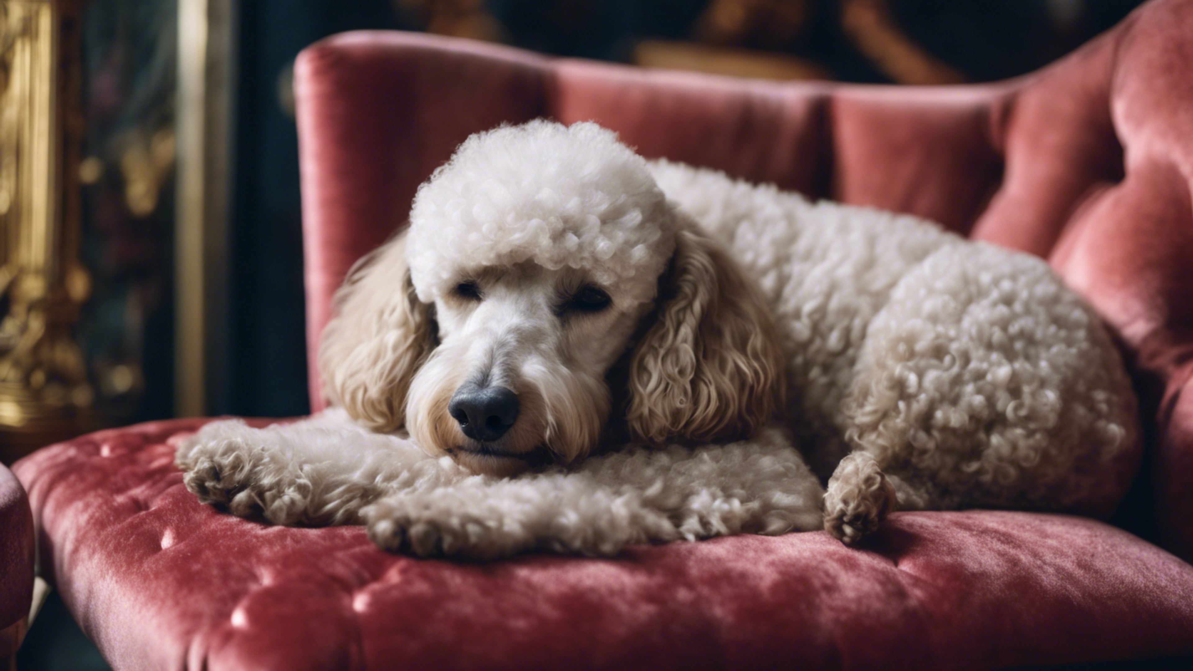 A Poodle sleeping on a velvet cushion in a high fashion Parisian boutique. Tapeet[21e0417617274f73b301]