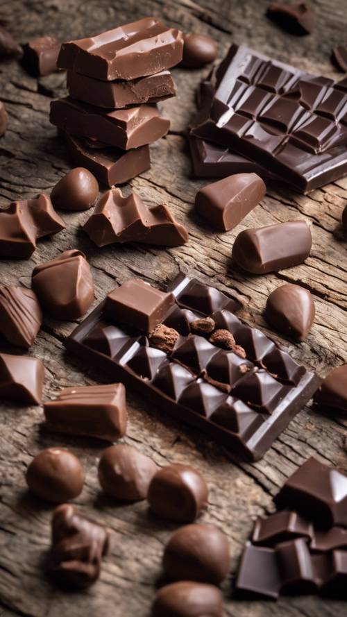 טבע דומם ריאליסטי של חתיכות שוקולד בלגי כהה המסודרים על עץ מיושן.