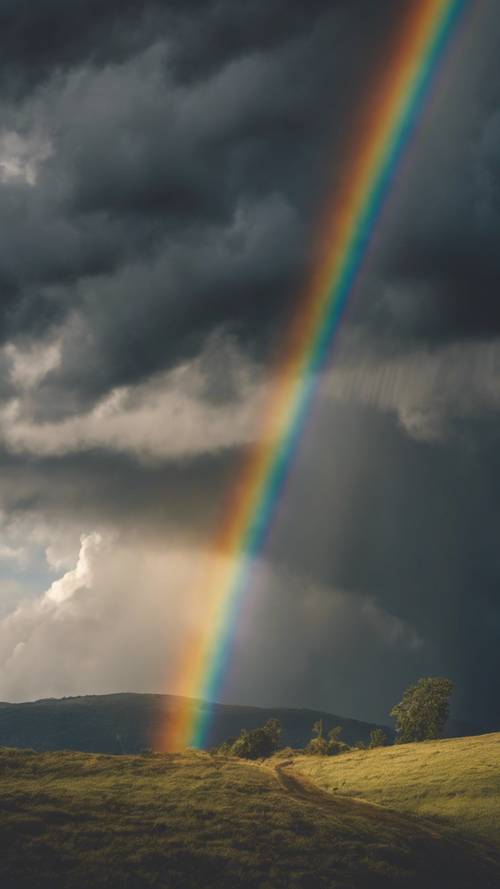 A rainbow piercing through dark, dramatic skies where the sun and the moon appear at the same time.