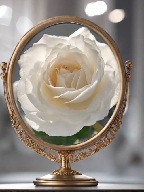 مرآة عتيقة تعكس وردة بيضاء مهيبة، تشع بالنقاء والصفاء.