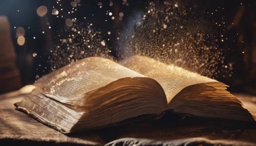 A large open book with whispers of mystic fairy dust glowing as it rises from the ancient pages. Tapeta [fa1ea59f69bd43c4bbad]