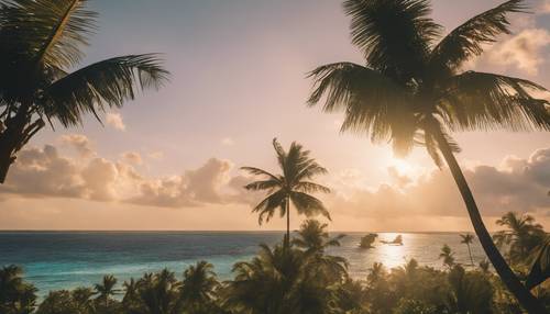Pemandangan udara dari sebuah pulau tropis saat matahari terbenam, matahari memberikan bayangan panjang di pulau itu.