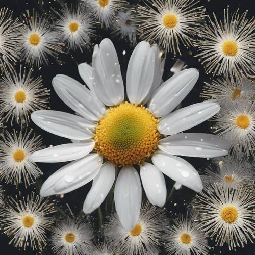 雏菊的特写，展现了其充满花粉的中心复杂的图案。