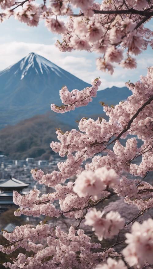 Sakura blossoms flutter in the foreground of a majestic Japanese mountain. Tapéta [f98655d3615c49a6af06]