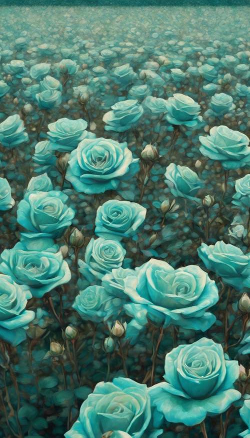 一幅印象派风格的画作，描绘了一片开满蓝绿色玫瑰的田野。