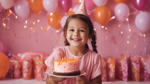 Genç bir kız doğum gününü pembe ve turuncu temalı bir partiyle kutluyor.