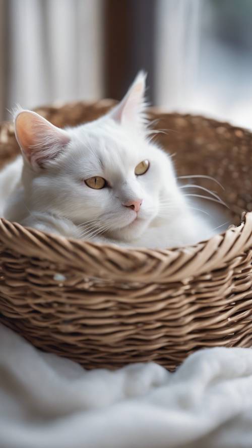 Un anziano gatto bianco che fa un pisolino in un accogliente cesto intrecciato, incarnazione della perfetta essenza di pace e tranquillità.