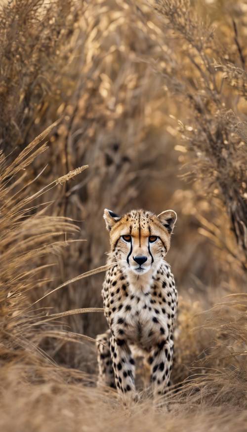 A cheetah hiding within an intricate safari-themed camouflage pattern.