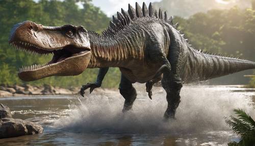 Un Spinosaurus intimidante, de colores brillantes, rugiendo desafiante en la orilla de un antiguo río empapado por la lluvia.