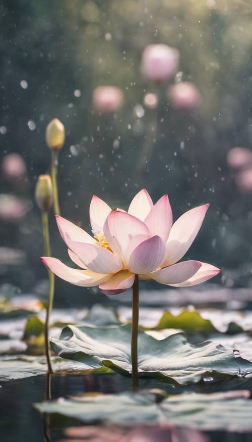 Một bức tranh màu nước tinh tế thể hiện hoàn hảo vẻ đẹp phù du của một bông hoa sen đang nở rộ.