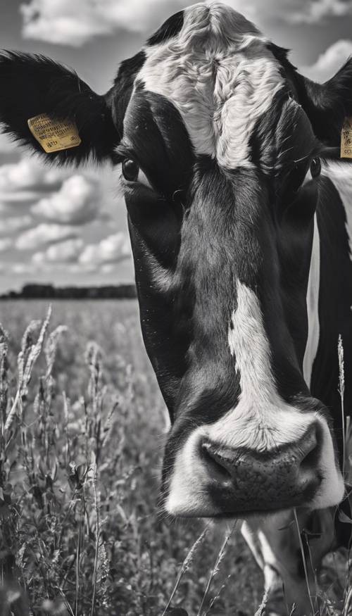 夏日的天空下，一头长着独特黑白斑纹的奶牛正在吃草 墙纸 [b9d34ace605c4496a5c9]