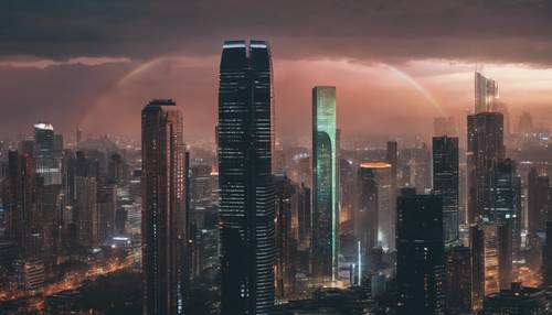 黄昏时分的城市景观，黑色彩虹倒映在光鲜的摩天大楼上。