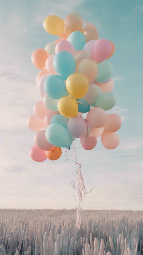 A cool pastel colored cluster of balloons floating in a clear sky.
