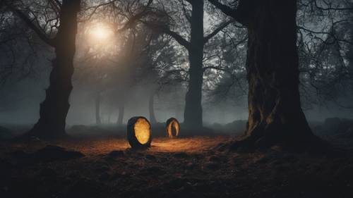 A dark forest scene with a hidden Celtic stone circle bathed in the ethereal glow of the moonlight.