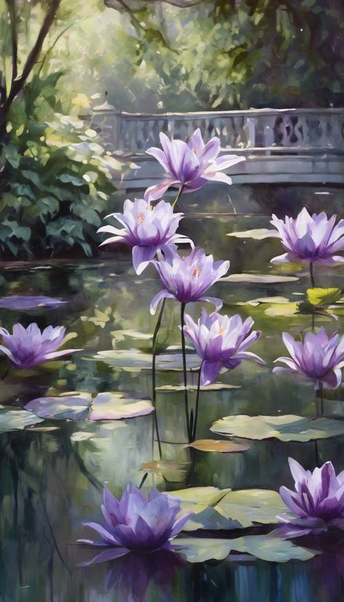 An impressionistic painting of purple and white lilies floating on a quiet pond under a dappled shade of trees in a classic French garden.