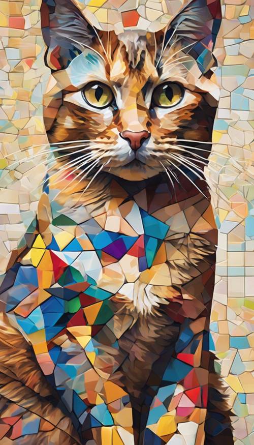 Un vivido ritratto cubista di un gatto, la cui forma è ridotta a un mosaico colorato di forme geometriche.