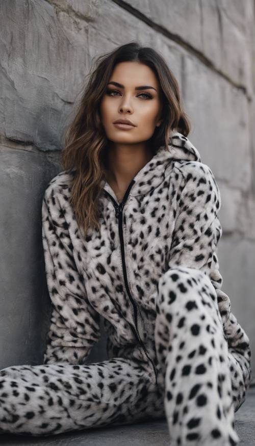 Un paio di lussuosi indumenti da casa con stampa ghepardo grigio su una modella in posa su uno sfondo urbano spigoloso.