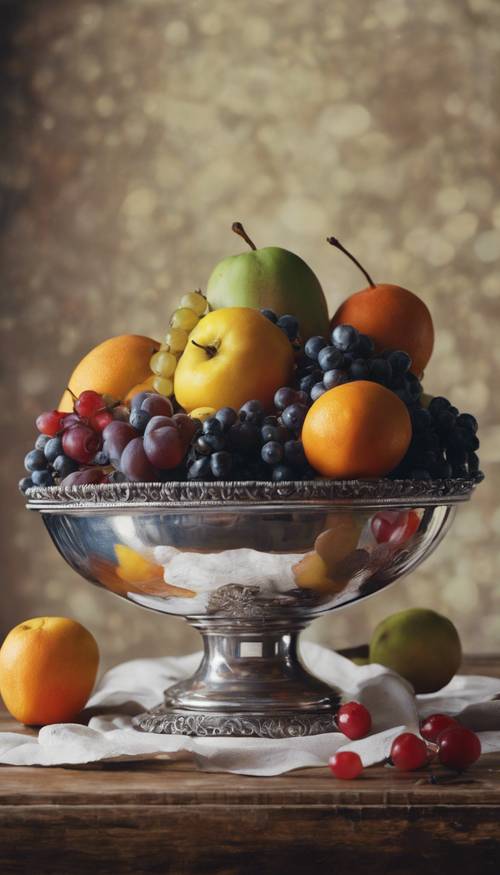 An old fashioned still life painting of assorted ripe fruits in a silver bowl on a wooden table.