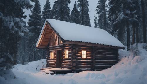 A traditional Scandinavian wooden cabin nestled between dense, snowy pine trees during a chilly winter evening, with smoke softly rising from its chimney.