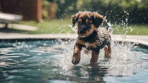 Temmuz sıcağından korunmak için havuza giren bir köpek yavrusu.