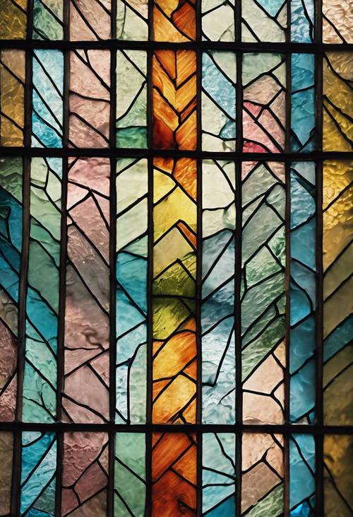 An antique stained glass window featuring a colorful herringbone pattern.