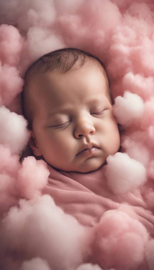 Seorang bayi perempuan yang baru lahir tidur nyenyak di atas awan permen kapas.
