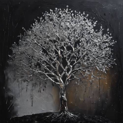 Ein abstraktes Gemälde eines silbernen Baums vor einem schwarzen Hintergrund.